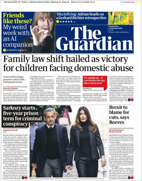 Portada de The Guardian (reino Unido) del miércoles, 22 de octubre de 2025