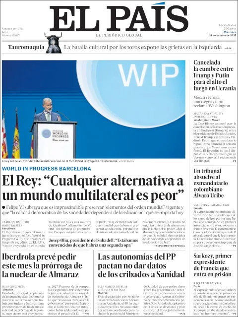 Portada de El Pais del miércoles, 22 de octubre de 2025