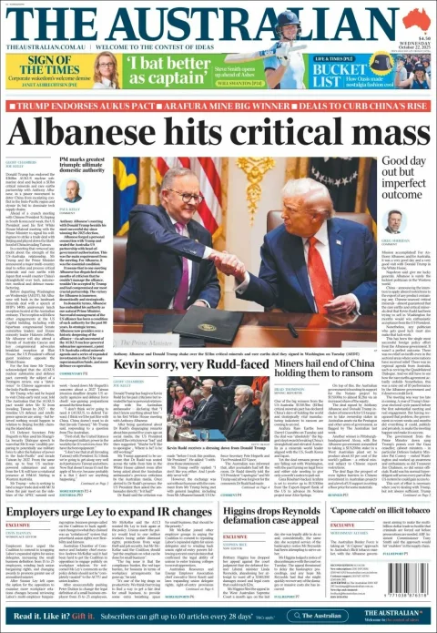 Portada de The Australian del miércoles, 22 de octubre de 2025