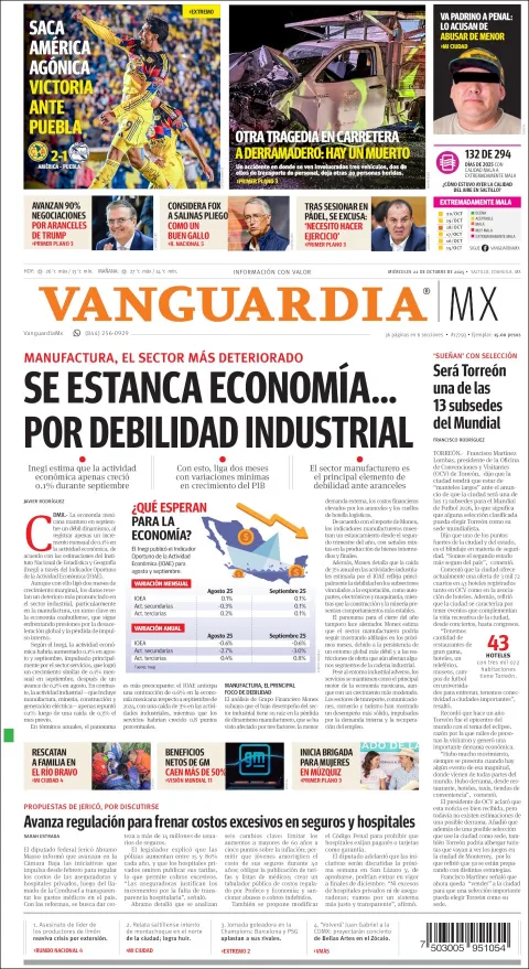 Portada de Vanguardia del miércoles, 22 de octubre de 2025