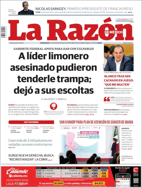Portada de La Razon del miércoles, 22 de octubre de 2025