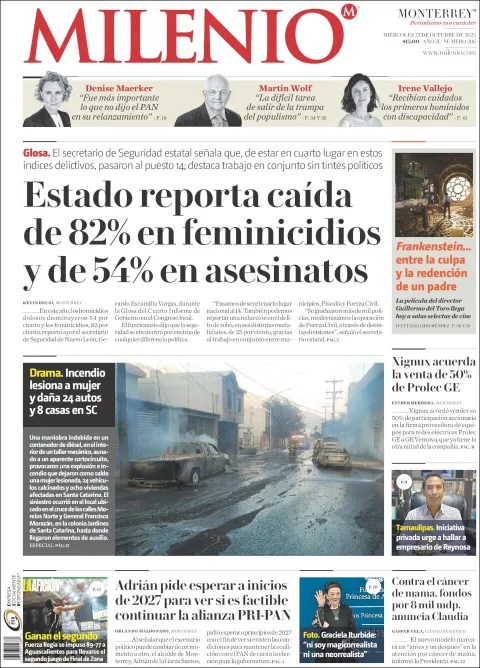 Portada de Milenio del miércoles, 22 de octubre de 2025