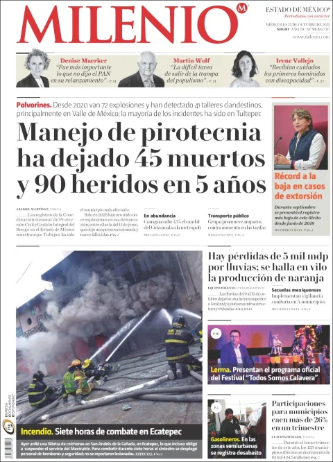 Portada de Milenio Edo de Mexico del miércoles, 22 de octubre de 2025