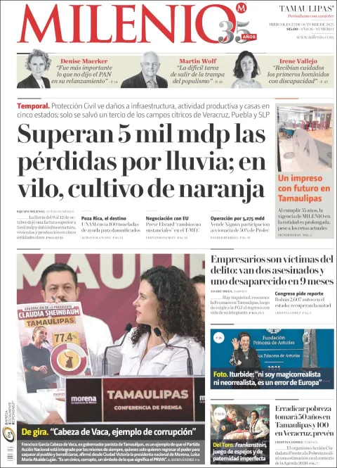 Portada de Milenio Tamaulipas del miércoles, 22 de octubre de 2025
