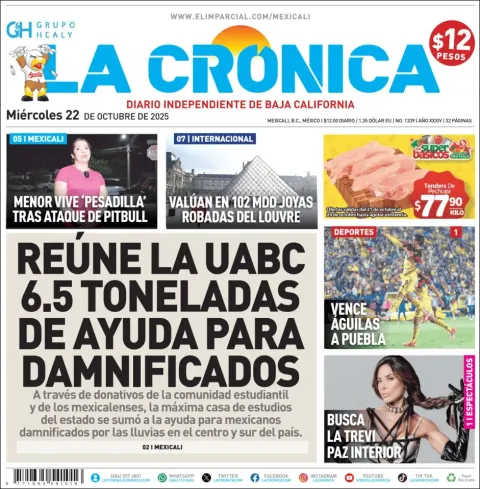 Portada de La Cronica del miércoles, 22 de octubre de 2025