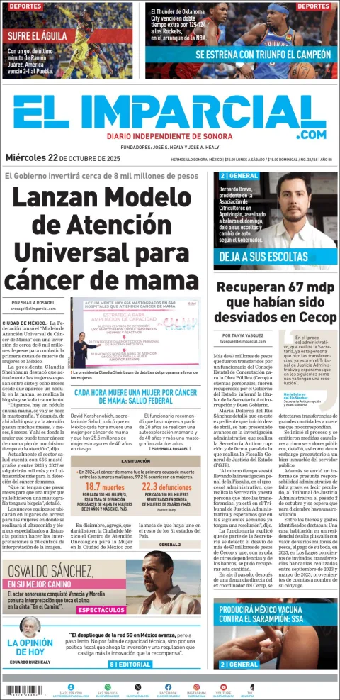 Portada de El Imparcial del miércoles, 22 de octubre de 2025