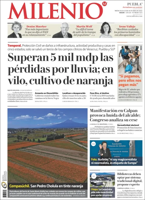 Portada de Milenio Puebla del miércoles, 22 de octubre de 2025