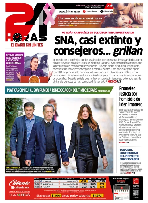 Portada de 24 Horas del miércoles, 22 de octubre de 2025