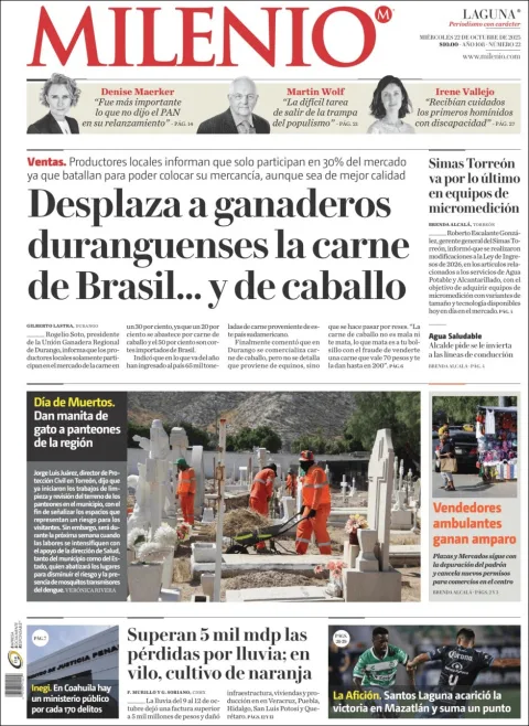 Portada de Milenio Laguna del miércoles, 22 de octubre de 2025