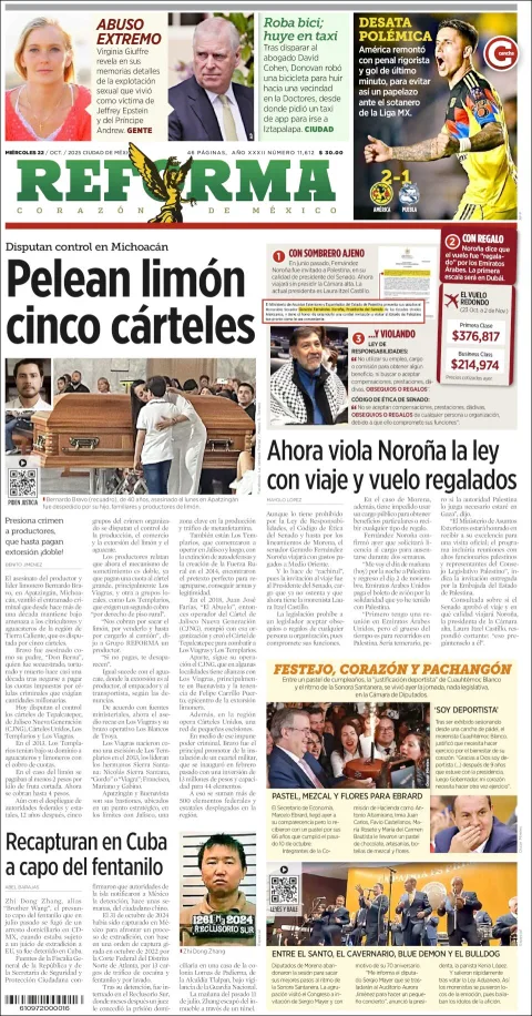 Portada de Reforma del miércoles, 22 de octubre de 2025