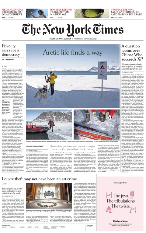 Portada de The New York Times (international) del miércoles, 22 de octubre de 2025