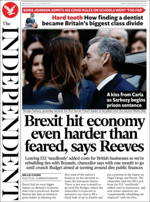 Portada de The Independent del miércoles, 22 de octubre de 2025