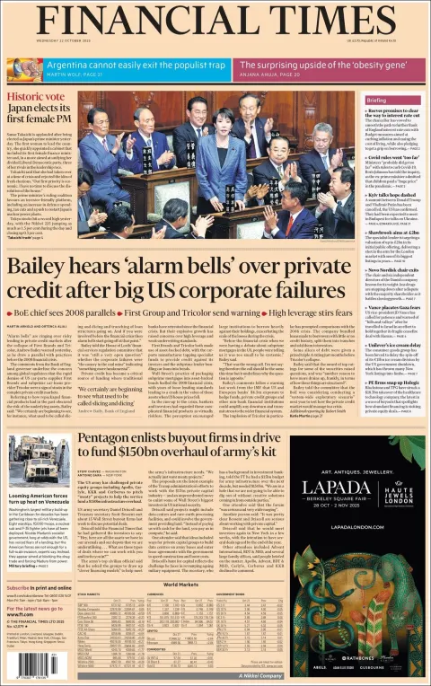 Portada de Financial Times del miércoles, 22 de octubre de 2025