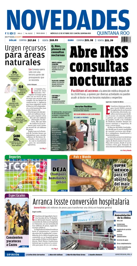 Portada de Novedades Quintana Roo del miércoles, 22 de octubre de 2025