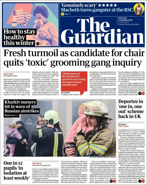 Portada de The Guardian (reino Unido) del jueves, 23 de octubre de 2025