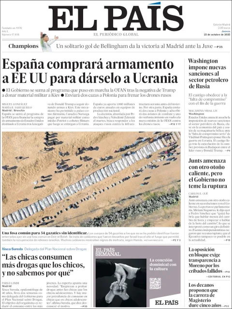 Portada de El Pais del jueves, 23 de octubre de 2025