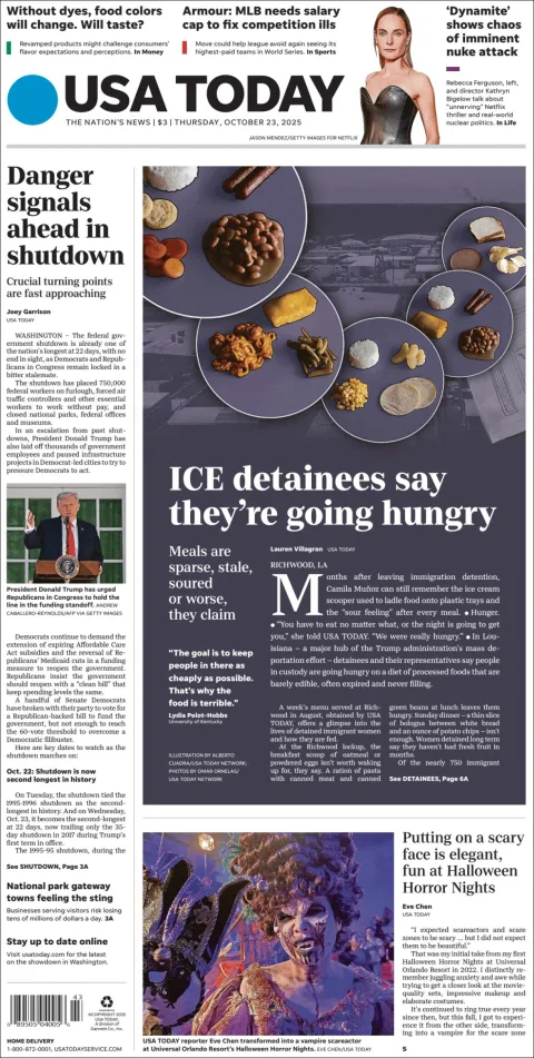 Portada de Usa Today del jueves, 23 de octubre de 2025