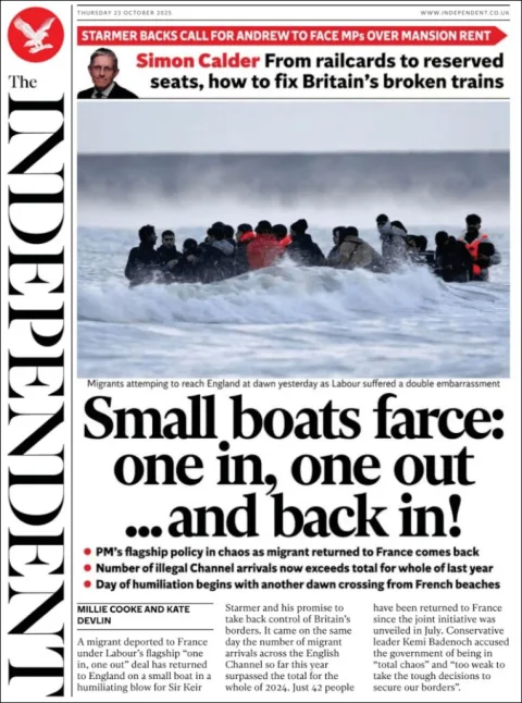 Portada de The Independent del jueves, 23 de octubre de 2025
