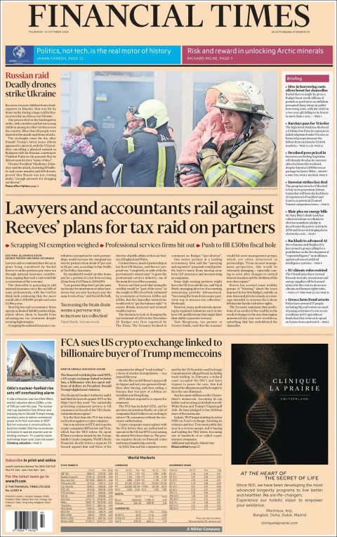 Portada de Financial Times del jueves, 23 de octubre de 2025