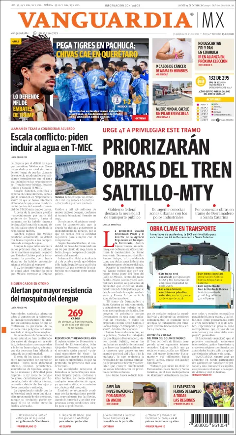 Portada de Vanguardia del jueves, 23 de octubre de 2025