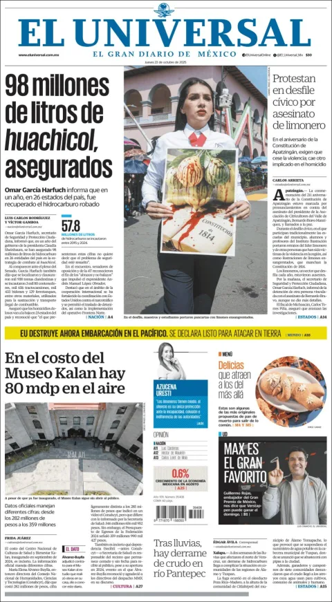 Portada de El Universal del jueves, 23 de octubre de 2025