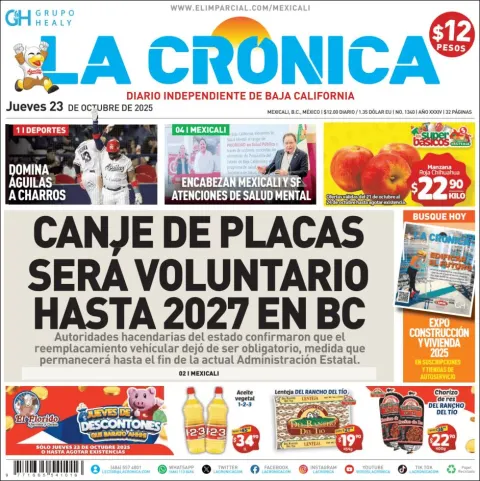 Portada de La Cronica del jueves, 23 de octubre de 2025