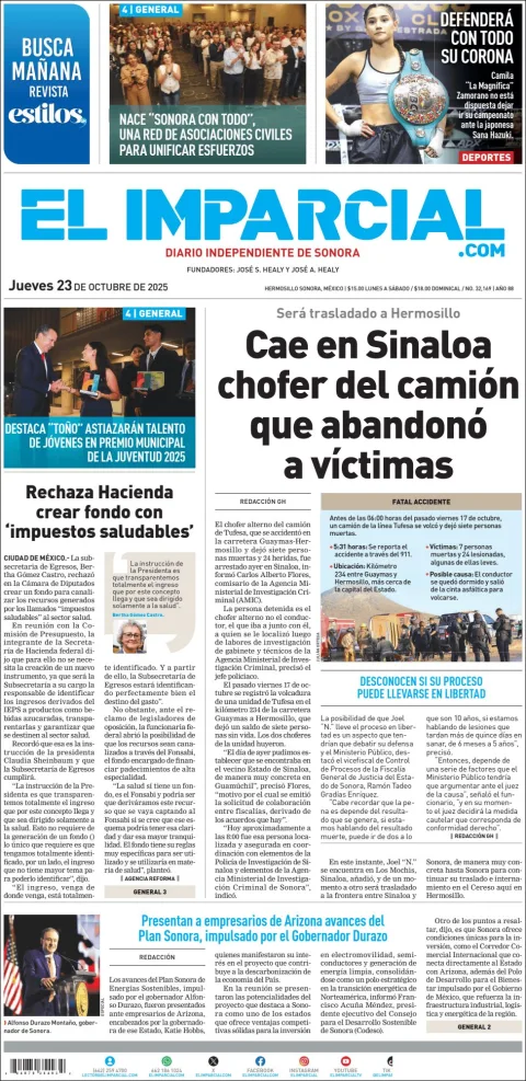 Portada de El Imparcial del jueves, 23 de octubre de 2025