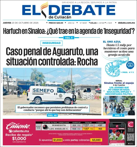 Portada de El Debate de Culiacan del jueves, 23 de octubre de 2025