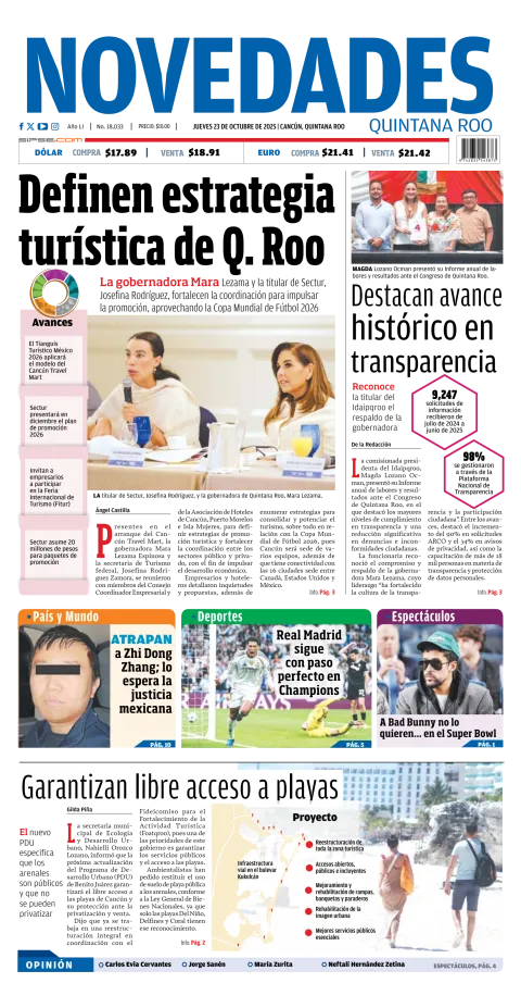 Portada de Novedades Quintana Roo del jueves, 23 de octubre de 2025