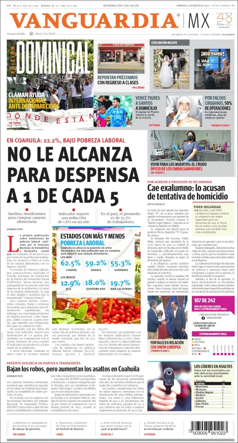 Portada de Vanguardia del domingo, 31 de agosto de 2025