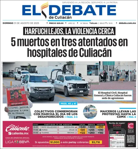 Portada de El Debate de Culiacan del domingo, 31 de agosto de 2025