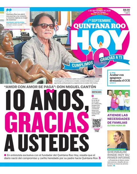 Portada de Quintana Roo Hoy (portada) del lunes, 1 de septiembre de 2025