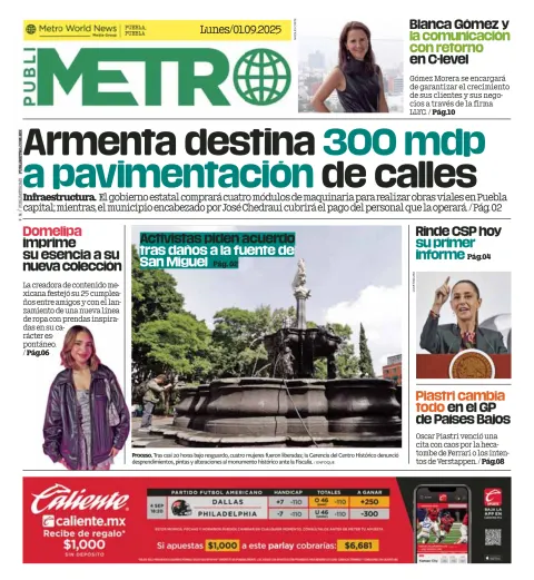 Portada de Publimetro Puebla del lunes, 1 de septiembre de 2025