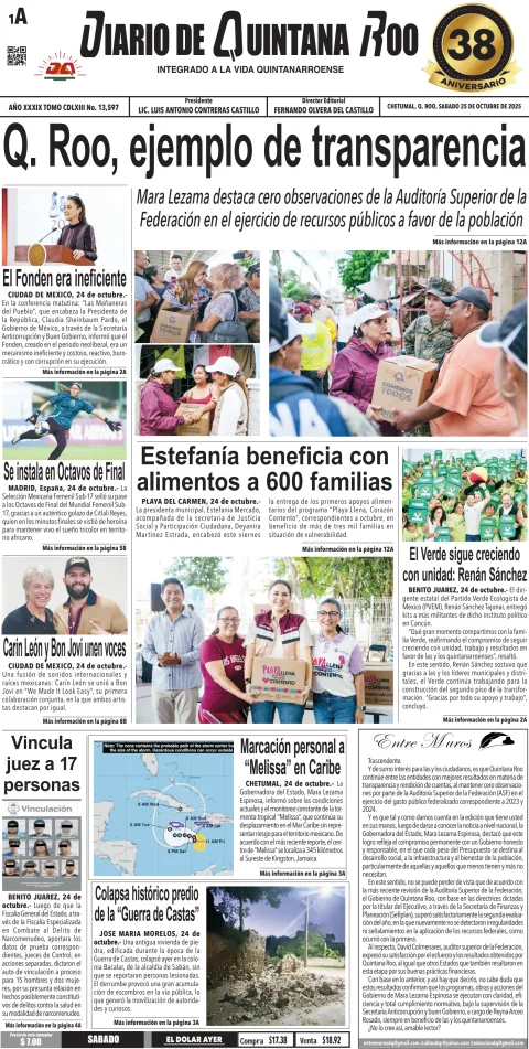Portada de Diario de Quintana Roo (portada) del sábado, 25 de octubre de 2025