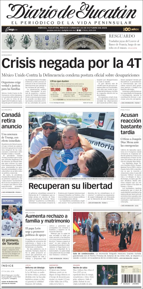 Portada de Diario de Yucatán del sábado, 25 de octubre de 2025
