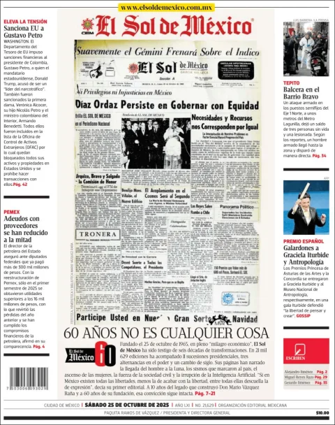 Portada de El Sol de Mexico del sábado, 25 de octubre de 2025