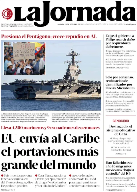 Portada de La Jornada del sábado, 25 de octubre de 2025