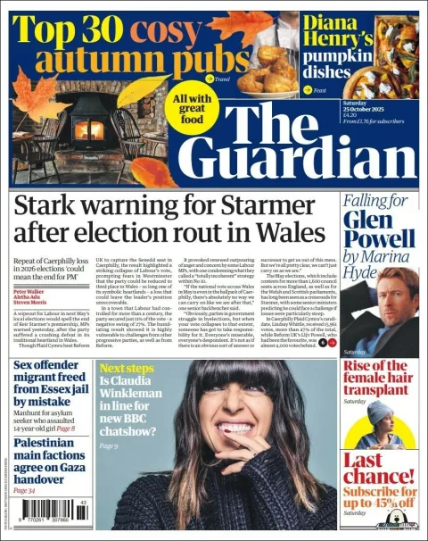 Portada de The Guardian (reino Unido) del sábado, 25 de octubre de 2025