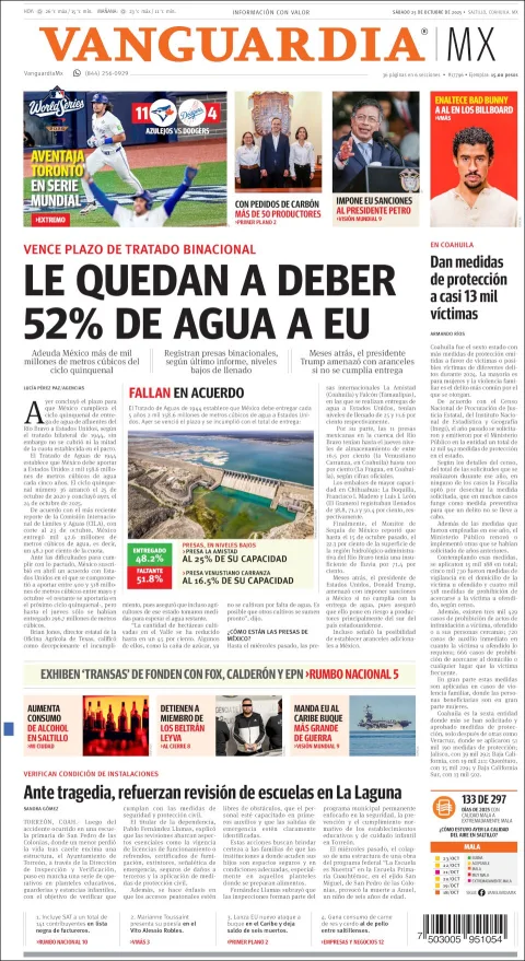 Portada de Vanguardia del sábado, 25 de octubre de 2025