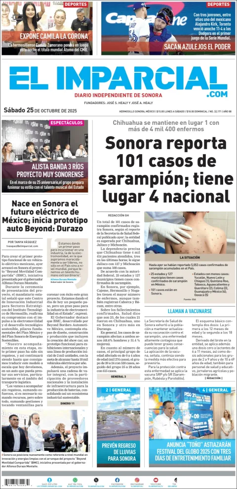 Portada de El Imparcial del sábado, 25 de octubre de 2025