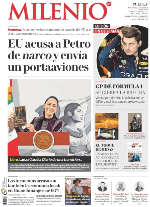 Portada de Milenio Puebla del sábado, 25 de octubre de 2025