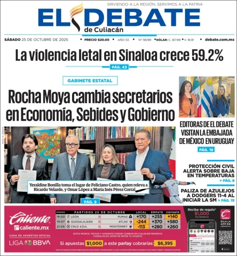 Portada de El Debate de Culiacan del sábado, 25 de octubre de 2025