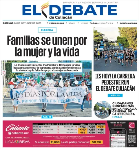 Portada de El Debate de Culiacan del domingo, 26 de octubre de 2025