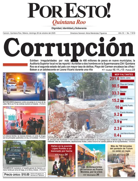 Portada de Por Esto (quintana Roo Cancun) del domingo, 26 de octubre de 2025