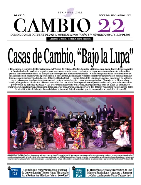 Portada de Diario Cambio 22 (contraportada) del domingo, 26 de octubre de 2025