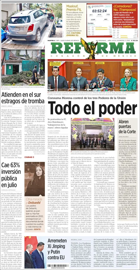 Portada de Reforma del martes, 2 de septiembre de 2025