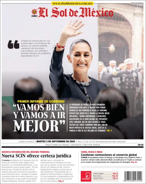 Portada de El Sol de Mexico del martes, 2 de septiembre de 2025