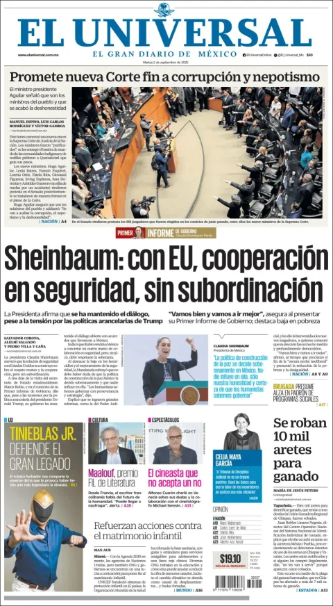 Portada de El Universal del martes, 2 de septiembre de 2025