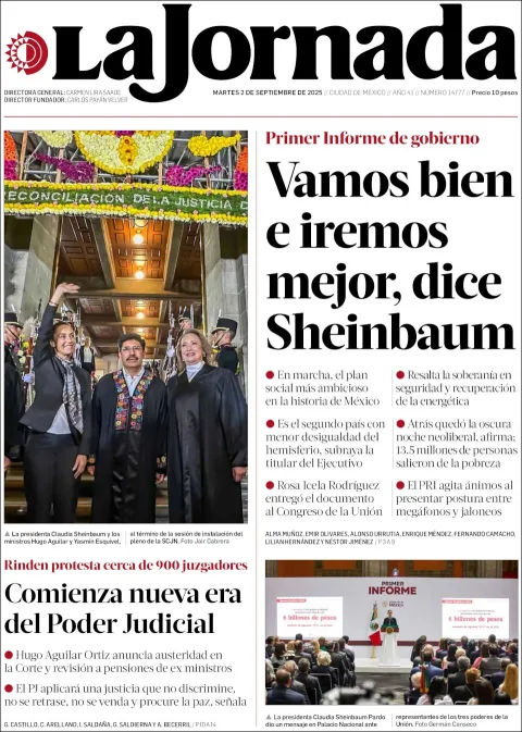 Portada de La Jornada del martes, 2 de septiembre de 2025