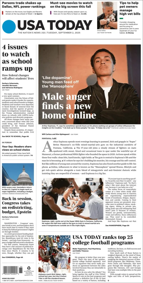 Portada de Usa Today del martes, 2 de septiembre de 2025